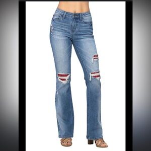 Judy Blue Jeans - medium blue bootcut distressed w/plaid cutouts